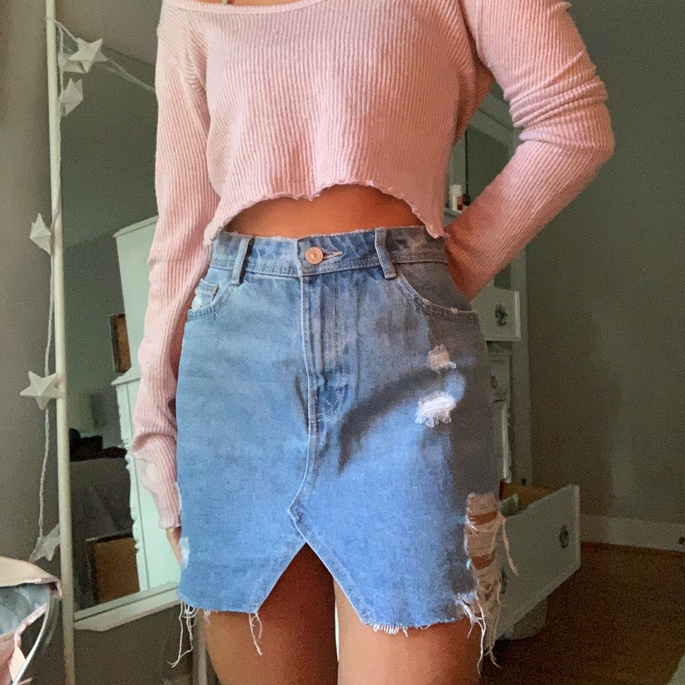 Zara distressed denim skirt with slit